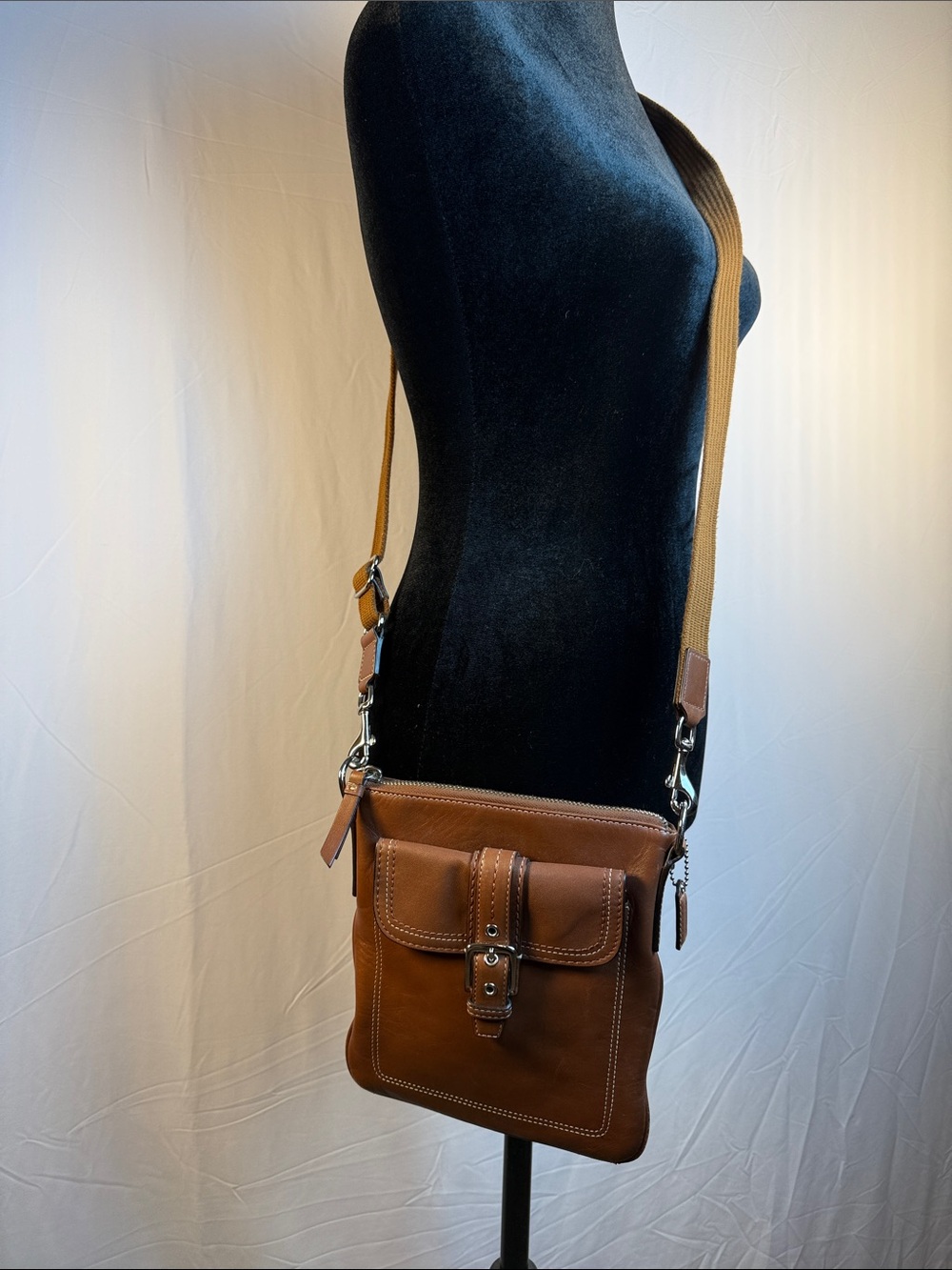 Coach Y2K Dark Tan Leather Crossbody Bag with Webbing Strap